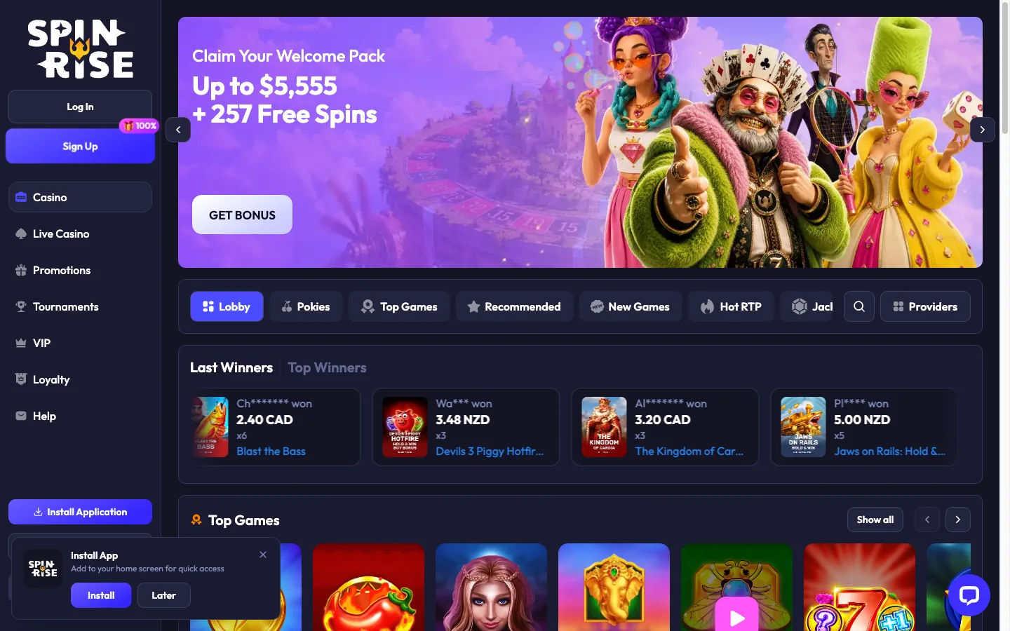 Spinrise casino homepage welcome bonus banner advertising up to A$5,555 and 257 free spins for Australian players